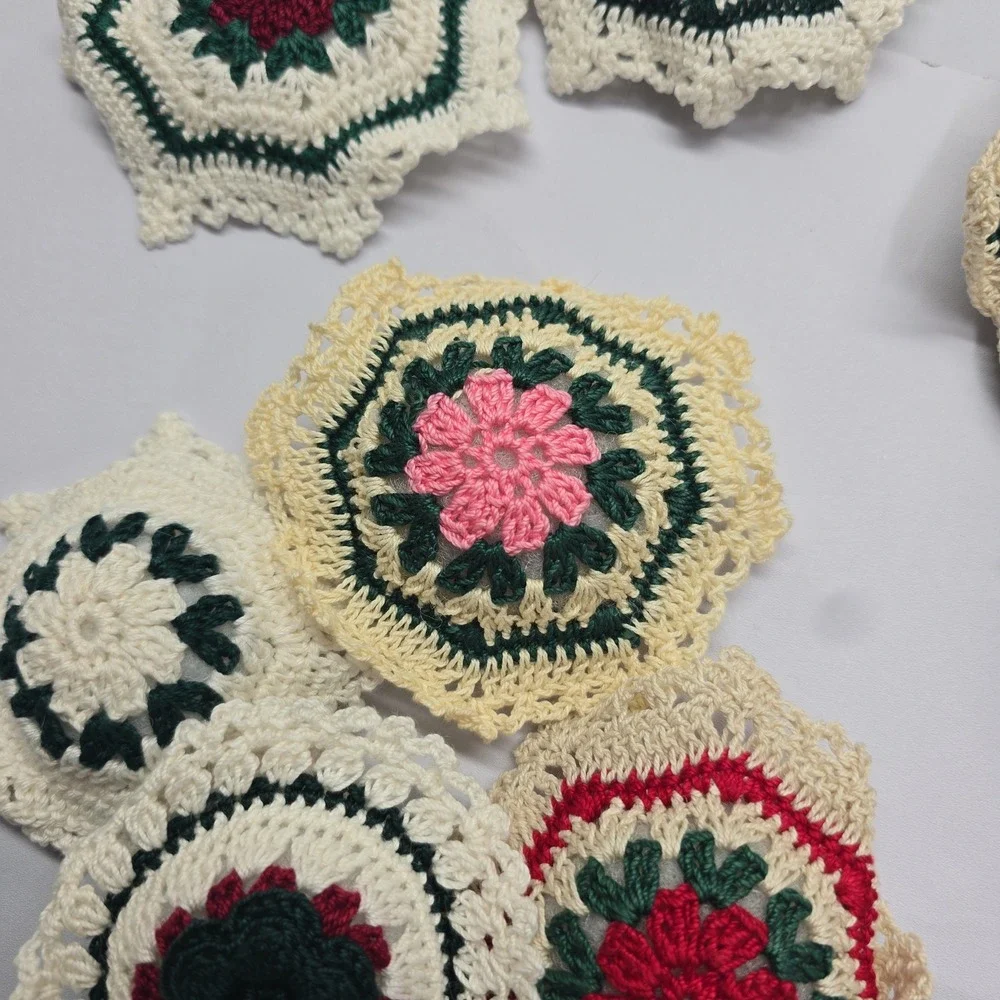 Vintage Handmade Crochet Floral Granny Square Applique Lot Red Rose Green Cream